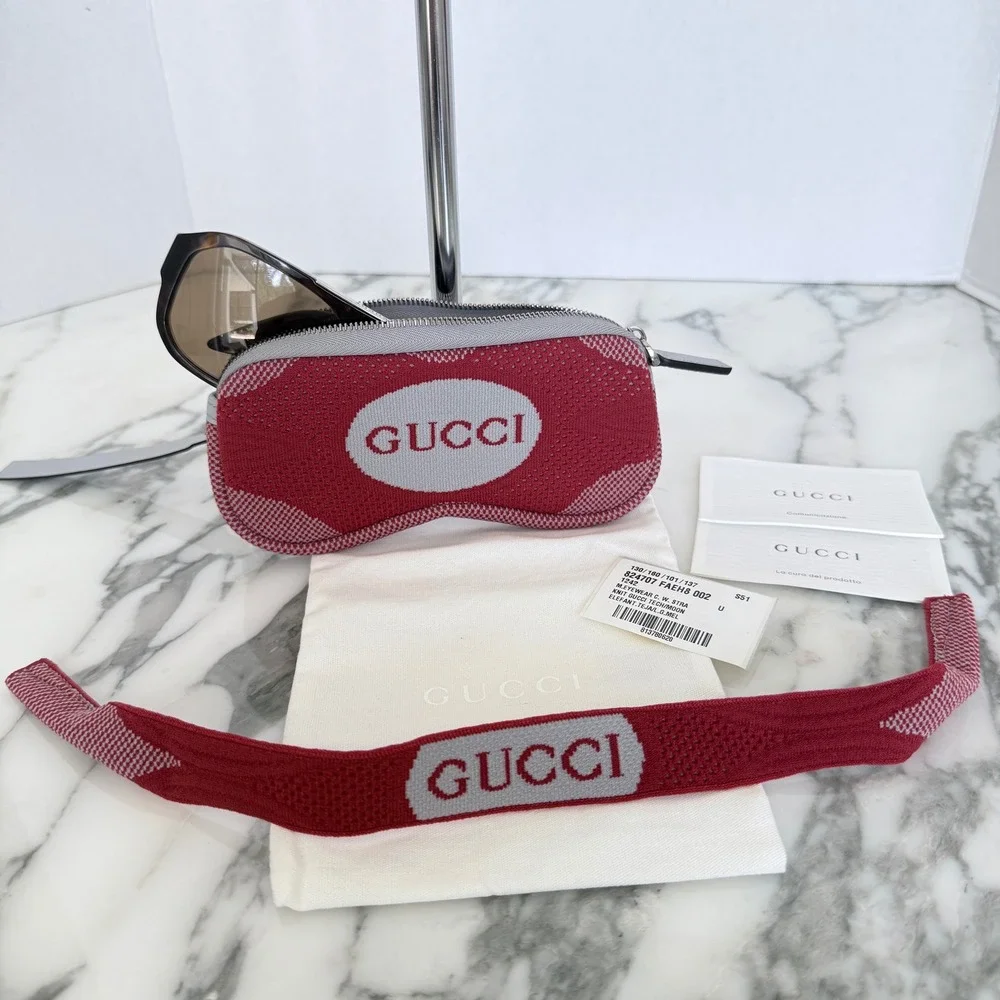 Gucci Red Technical Knit Glasses Case Zip Pouch with Strap 824707